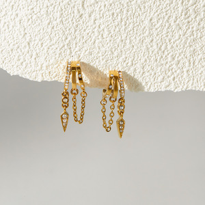 Boucles d'oreilles pendantes en acier inoxydable plaqué or 18 carats avec strass, trois couches, anneau en C, pompon, bijoux géométriques pour femmes - Product Image 4