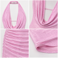 Robe Courte Rose à Paillettes Halter pour Femme Anjie OEM ODM, Personnalisée avec Étiquette Privée, Décolleté Plongeant, Effet Drapé et Froncé, Robe Moulante de Soirée