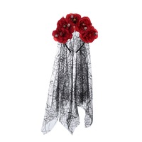 Serre-tête en maille avec roses du Jour des Morts mexicaines, voile noir d'Halloween et motifs floraux et crânes