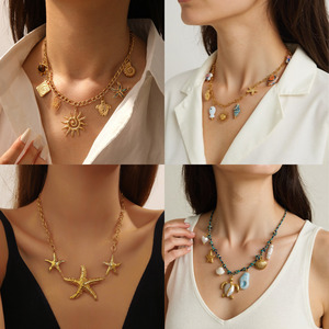 マルチチャーム ハート 18金メッキ チェーン ステートメントネックレス ジュエリー レディース ステンレススチール ファッションペンダント チョーカーネックレス - Product Image 4