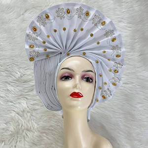 Prix usine perlé femmes rouge Auto Gele fête africaine Headtie Aso Oke avec des pierres pour la fête de désherbage - Product Image 3