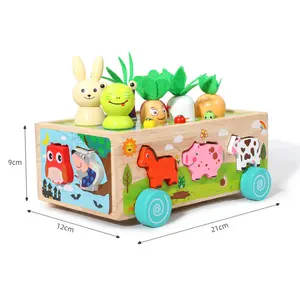 COMMIKI Wooden Toy Shape Sorter Car Happy Farm Animal Cart Carrot Harvest Game Shape Sorting Farm Fruit Blocks Learning Toys