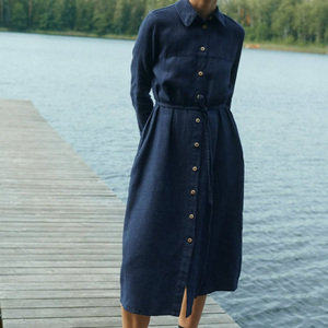 Robe Longue Femme en Lin Naturel Bleu Foncé Tendance 2026, Boutonnée, Haut <span class=keywords><strong>de</strong></span> Gamme, Douce, Légère et <span class=keywords><strong>de</strong></span> Qualité Supérieure - Product Image 3