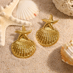 Boucles d'oreilles pendantes en forme d'étoile de mer et de coquillage, plaquées or 18 carats, en acier inoxydable, thème océan, bijoux tendance - Product Image 2