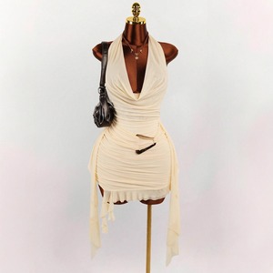 Nuovi Abiti Asimmetrici alla Moda per Donne, <span class=keywords><strong>Vestito</strong></span> Elegante Monocolore con Collo Halter, Schiena Scoperta, Aderente e Arricciato, Abito Sexy da Donna - Product Image 3