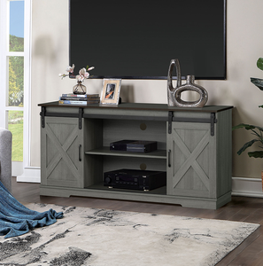 Mid-Century Style <b>Adjustable</b> TV Stand Living Room Two Tone Design Metal Black Accent X-Cross Sliding Drawer Door Brown Gray - Product Image 3