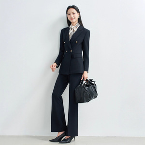 Women's Suit <b>Set</b> Apricot Color Double Breasted <b>Blazer</b> With Wide Leg Pants Casual Style Anti-Wrinkle Worsted Fabric - Product Image 2
