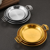 Assiette de service dorée en acier inoxydable de qualité alimentaire, style coréen, ronde, à double poignée, pour dim sum, frites, poulet frit et snacks
