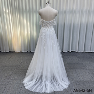 Nuevo <span class=keywords><strong>Vestido</strong></span> de Novia <span class=keywords><strong>Civil</strong></span> con Corte en A, Mangas Desmontables y Tul Brillante para Mujer - Product Image 4