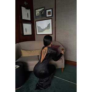 Vestido de fiesta negro de ganchillo con corte en A, mangas largas, decoración de purpurina y cuentas, cintura imperio, tallas XS a XL - Product Image 1