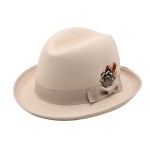 Benutzer definierte Großhandel No Dimples Herren <span class=keywords><strong>Humber</strong></span> Hut Qualität Polyester Wolle Filz Hut für Männer mit Feder band - Product Image 2