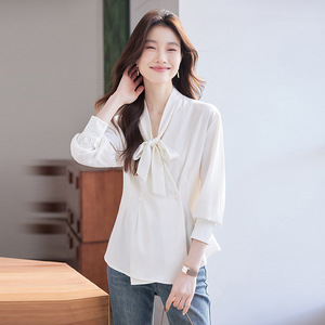 Women's Bow <b>Tie</b> Shirt Top Black Solid Color Satin Wrap And <b>Tie</b> Office Wear Spring Autumn 2025 Fashionable Blouse Long Sleeve - Product Image 2