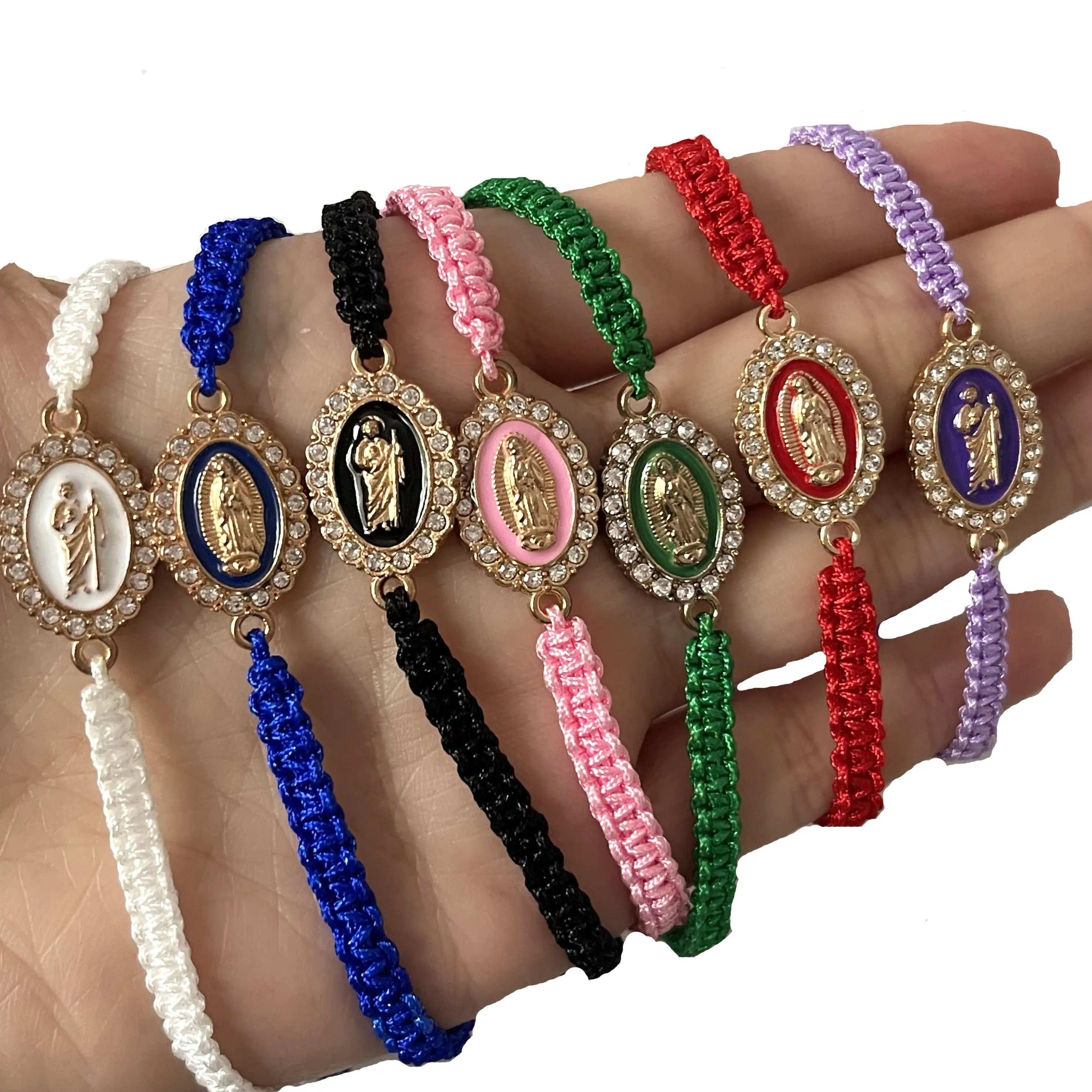 Vergulde Kleurrijke Crystal Oval Vader En Maagd Maria Spot Boor Als Geschenken Of Gebed Hand Geweven Armband