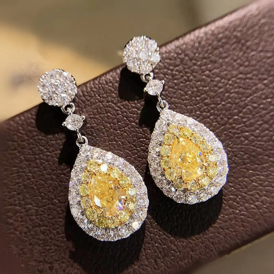CAOSHI-pendientes colgantes de lujo para mujer, de piedra amarilla de cristal, color plata, joyería, aretes largos de boda
