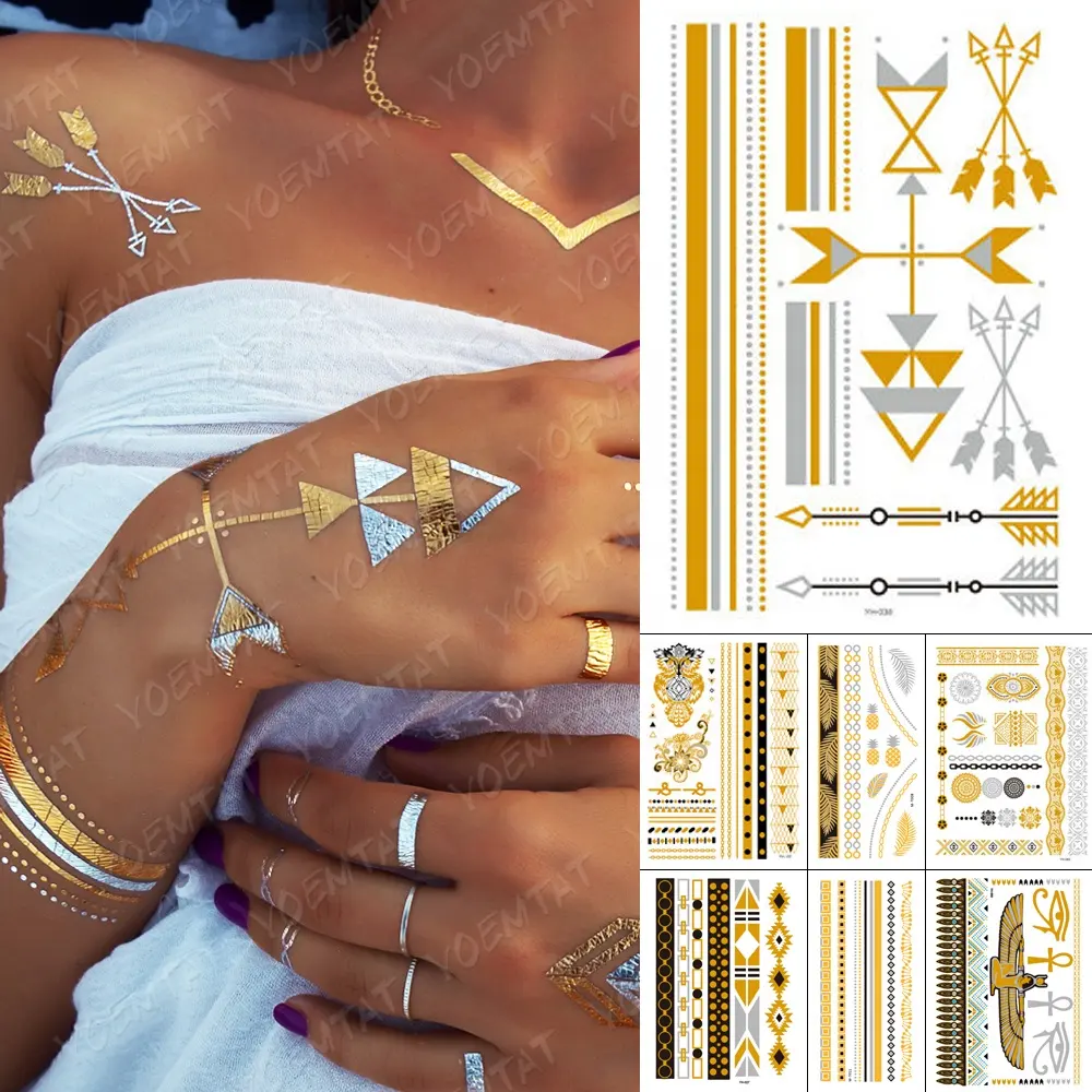 Adesivo de tatuagem temporária de flash metálico dourado, adesivos de tatuagem de henna personalizado