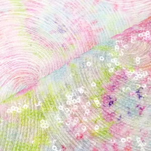 Tessuto a rete con ricamo di paillettes trasparente da 3mm con stampa digitale colorata brillante per abito di capodanno