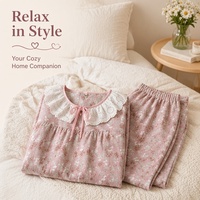 Ensemble pyjama 2 pièces pour femmes Y2635A2049, pantalon long à motif floral teinté en fil, col rond, manches longues