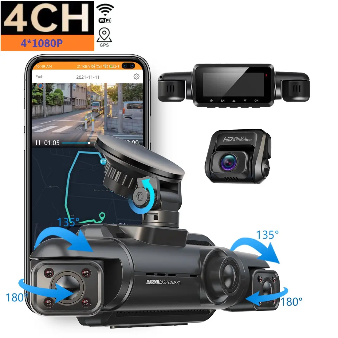 รถDVR Dash Cam WiFi GPS FHD 4 เลนส์* 1080P 360 แดชบอร์ดกล้อง 24Hrที่จอดรถLoopเครื่องบันทึกวิดีโอNight Visionสีดํากล่อง