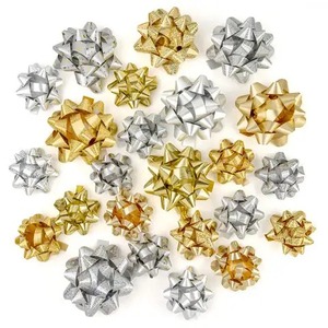 Gold Silver Metallic Polyester Grosgrain Gift Bows with Glitter Printed Finish Custom Printed Double Face for Gift Packaging - Product Image 1