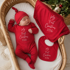 Ensemble <span class=keywords><strong>de</strong></span> 3 pièces personnalisé pour nouveau-né garçon ou fille, tenue <span class=keywords><strong>de</strong></span> Noël « <span class=keywords><strong>Mon</strong></span> <span class=keywords><strong>premier</strong></span> Noël 2026 », barboteuse vierge, <span class=keywords><strong>bonnet</strong></span> et bavoir en coton biologique - Product Image 1