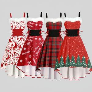 Costumi Cosplay natalizi da donna <span class=keywords><strong>per</strong></span> feste Vintage con stampa di alce con fiocco di neve e collo di pelliccia Sexy <span class=keywords><strong>abito</strong></span> con spalline sottili - Product Image 1