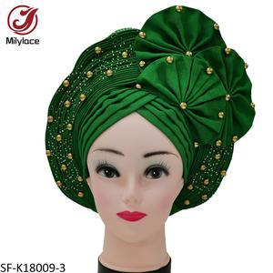 Beaux accessoires de mariage Turban avec perles pierres couleur unie plissé africain dames bandeau chapeau de fête - Product Image 3
