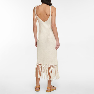 Blanco con flecos de algodón hasta la rodilla vestido personalizado moda señora elegante verano niñas Casual vestidos de mujer Vestidos de punto - Product Image 2