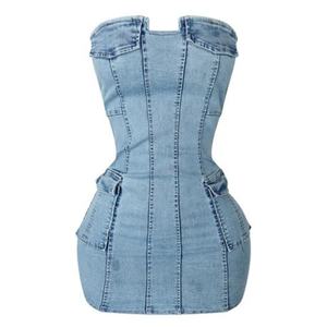Vestido Mini Elegante sin Tirantes para Mujer, Verano 2025, Vestido de Mezclilla Elástica de Alta Calidad, Vestido de Jeans Sólido - Product Image 4