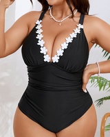 Maillot de bain taille haute pour femme, couleur unie, col en V avec bordure florale, grande taille, livraison rapide 2026