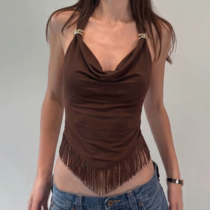 Streetwear Vintage Halter Neck Cowl Neck Tank <b>Top</b> Metal Ring Tassel <b>Patchwork</b> Slim Fit Sexy Spicy Girl Vest - Product Image 5
