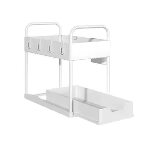 New arrival Bathroom Kitchen 2 Tier Under Sliding Cabinet Storage Basket Organizer Drawer with Hooks and handle