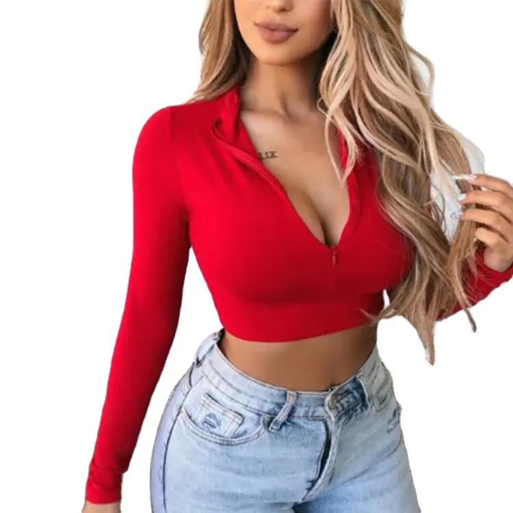 2022 Autumn New Fleece Lined V Neck Fitted Long Sleeve Zip Crop Tops Sexy Women Cropped Shirts