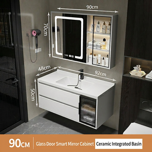 Specchio LED Intelligente ZYTH da Parete, Mobile Bagno Moderno in Legno Massello Bianco con Ante in <span class=keywords><strong>Vetro</strong></span> e Lavabo in Ceramica per Hotel e Appartamenti - Product Image 5