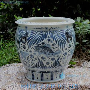 Pots en porcelaine bleu et blanc Antique RZFH01-B poisson motif algues tête de Lion poignée grands Pots en céramique jardinière - Product Image 3