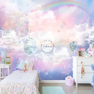 วอลล์เปเปอร์รุ้งท้องฟ้ามหัศจรรย์ห้องเด็กจิตรกรรมฝาผนังดาวเคราะห์จักรวาล