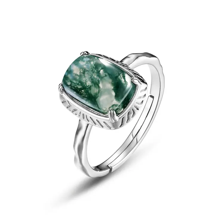 Unique Fine Jewelry 925 Sterling Silver Green Gemstone Redimensionnable HK 12 # Moss Agate Ring Natural Agate Stone Ring