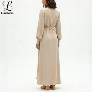 Abito Formale di Alta Qualità per Donne, Manica Lunga, Elegante, da Ufficio, in Chiffon, Maxi con Cintura, Tinta Unita, Stile Vintage - Product Image 2