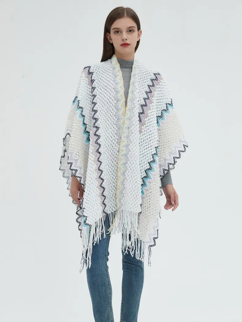 2023 New Style Tourism Ethnic Shawl High Fashion Women Knit Cape with Tassels Acrylic Knit Split Poncho