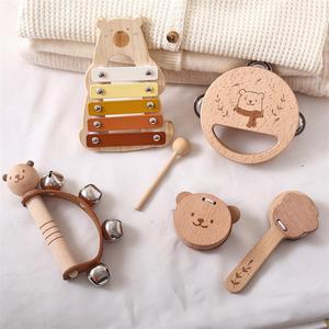 Ensemble d'instruments de musique en bois pour enfants : Xylophone, Tambourin, Hochet, Jouets éducatifs précoces en gros - Product Image 4