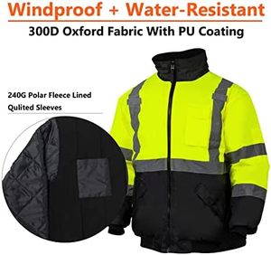 Áo khoác bomber mùa đông nam, đạt tiêu chuẩn ANSI Class 3, chất liệu phản quang, lót lông cừu, cổ đứng, logo phía trước, màu vàng - Product Image 3