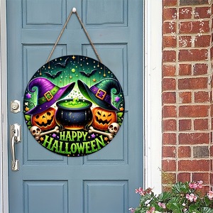 Feliz Halloween: Colgante Redondo de Madera para Puerta con Diseño de Bruja, Caldero, Calabaza y Murciélago, Letrero para Puerta Principal, Decoración de Pared para Fiesta de Halloween, Venta al por Mayor - Product Image 6