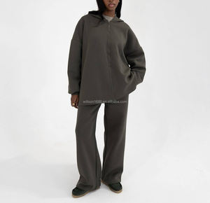 Completo Modesto a Tinta Unita per Donne Musulmane, Casual Autunnale, Elegante, Vestibilità Ampia, Traspirante, in Spandex/Cotone, <span class=keywords><strong>Giacca</strong></span> <span class=keywords><strong>e</strong></span> Pantaloni con Tasche, Comodo - Product Image 3