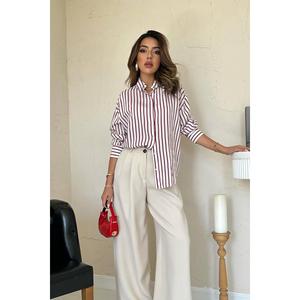 Camisa de Popelina a Rayas Borgoña para Mujer, Estilo Casual para el Día a Día - Product Image 3