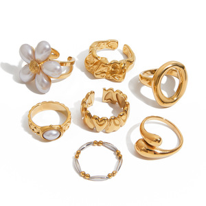 Ensemble de bagues élégantes en perles pour femmes, couleur or, motif floral géométrique, sertissage clos, bijoux cadeau, bagues tendance - Product Image 5