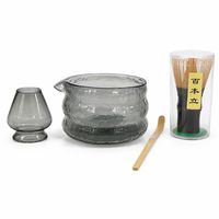 Ensemble de bols à matcha en verre transparent gris avec gravure laser, design texture pierre et glaçure, avec fouet et cuillère en bambou, accessoires pour le thé