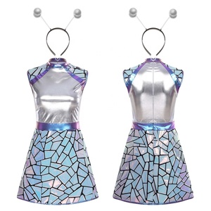 Disfraz de alienígena espacial para mujer, falda holográfica de vidrio rotado, vestido metálico, conjuntos de diadema, vestido de fiesta galáctico para escenario, personalizado - Product Image 4