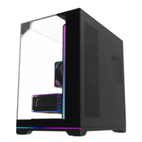 Productie van een pc-gaming anime computerkast met vooraan geplaatste glazen RGB-strip, temperatuurweergave en stofdichte buitenbehuizing.