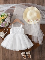 Nouvelle Robe d'été tendance pour bébé fille, blanche, à col carré, ornée de fleurs, en paille, style licou, avec chapeau