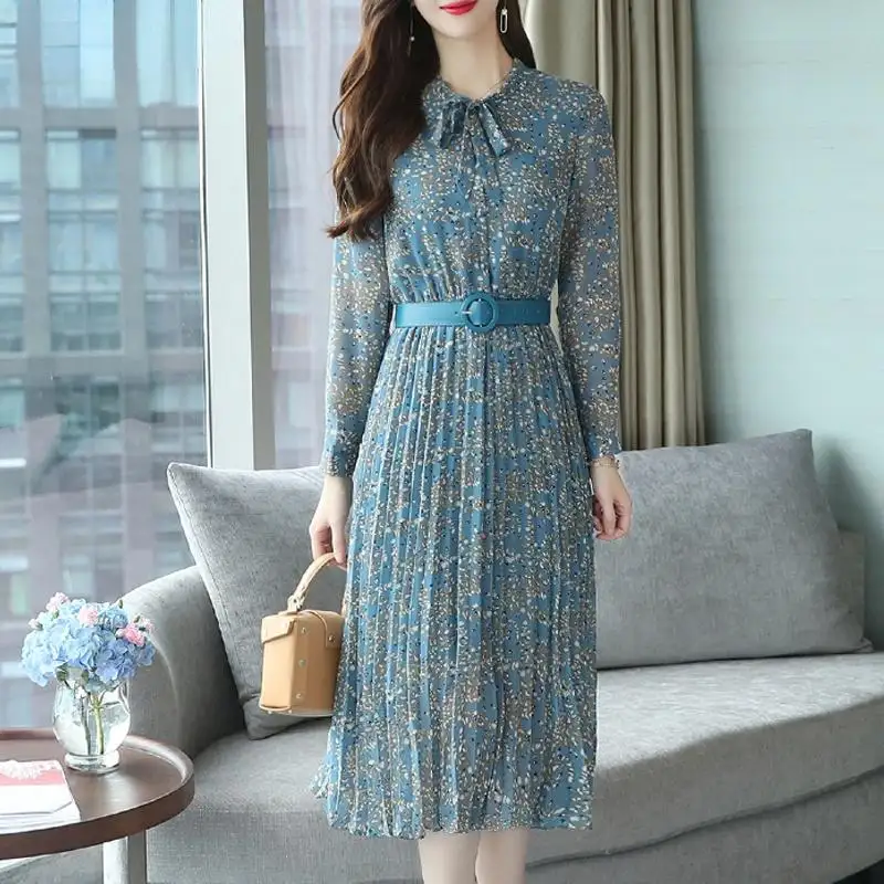 Autumn Winter Casual Women Chiffon Dress Female Long Sleeve Pleated A-Line Dress With Belt Floral Printed clothing