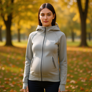 Sweat à capuche de maternité en polaire chaud pour femme, veste légère zippée, respirante, extensible dans les quatre sens, couleur unie, vêtement d'automne avec poignets pour les pouces - Product Image 2